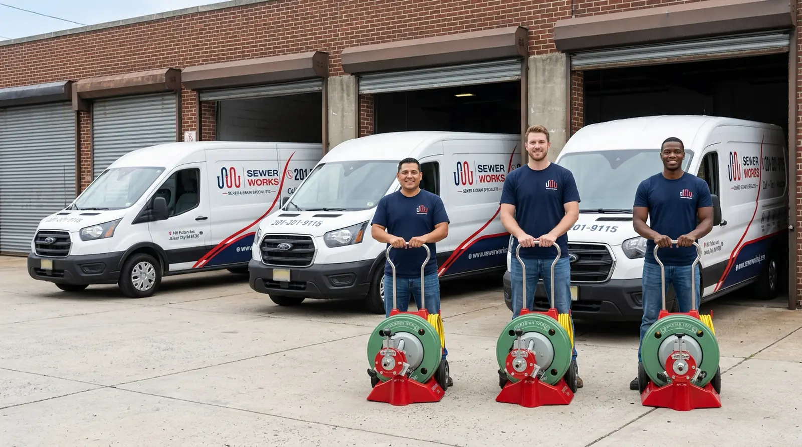 Sewer Works crew with drain cleaning machines in front of Sewer Works vans in Jersey City